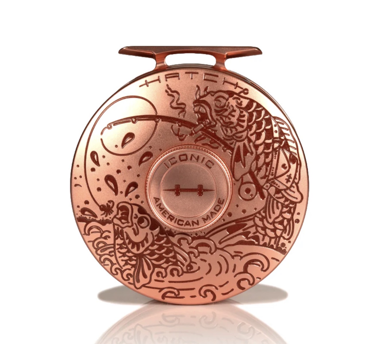 Hatch Iconic 7+ LA Fly Reel - Custom Artist Collab Reel, Brent McCarron - Copper w/ Merlot Red Paint Fill